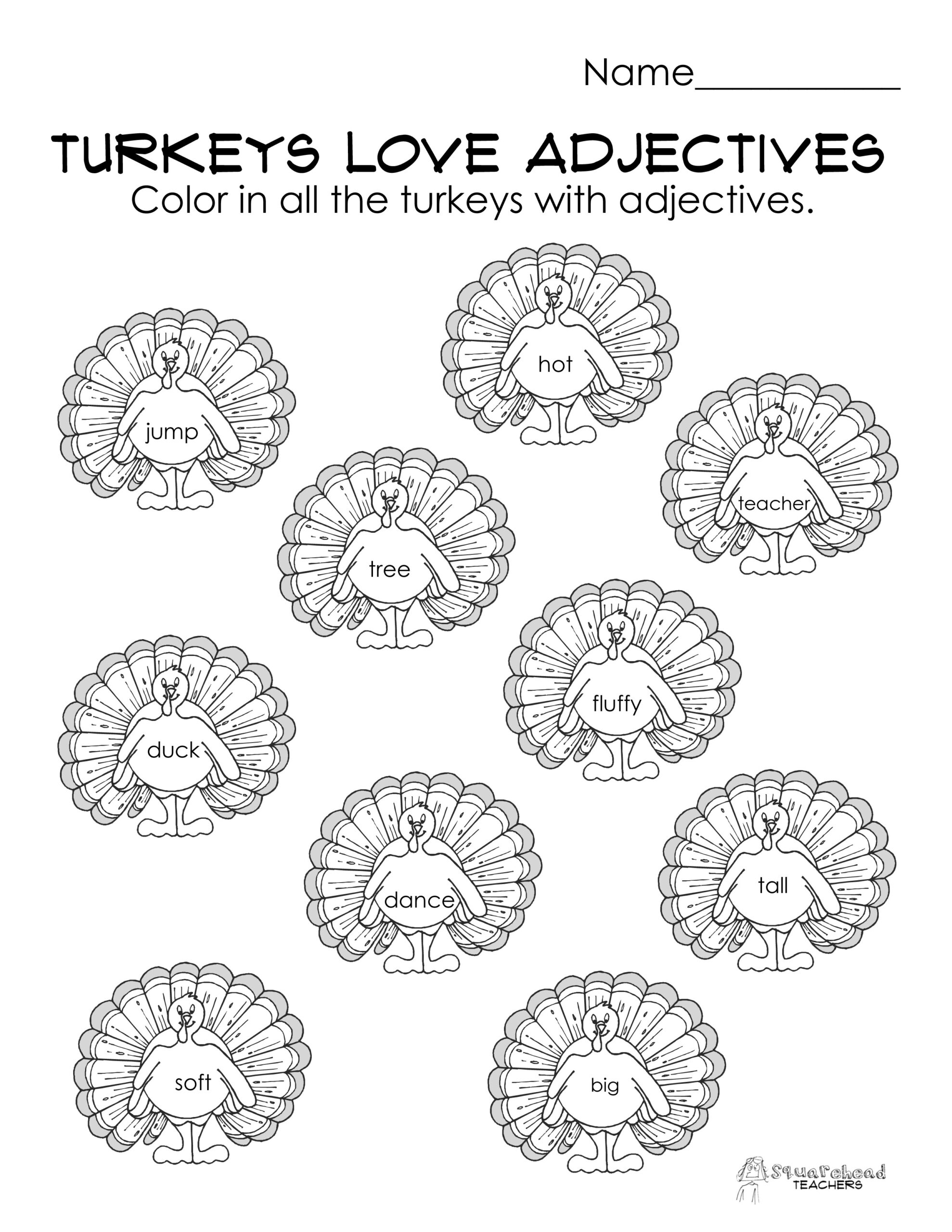 Turkeys Love Adjectives (Free Parts Of Speech Worksheet | Thanksgiving Adjectives Worksheet