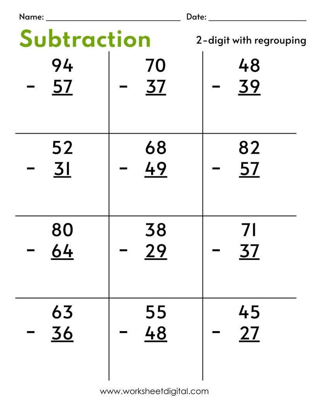Two Digit Subtraction Worksheets: With Regrouping (Pdf) - Etsy Uk | Free Printable Math Worksheets Subtraction With Regrouping