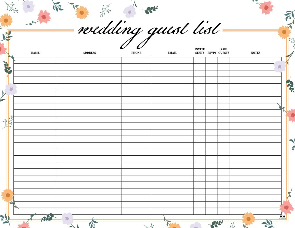 Wedding Guest List Templates - 20 Free Lists | Printabulls | Printable Wedding Guest List Worksheet