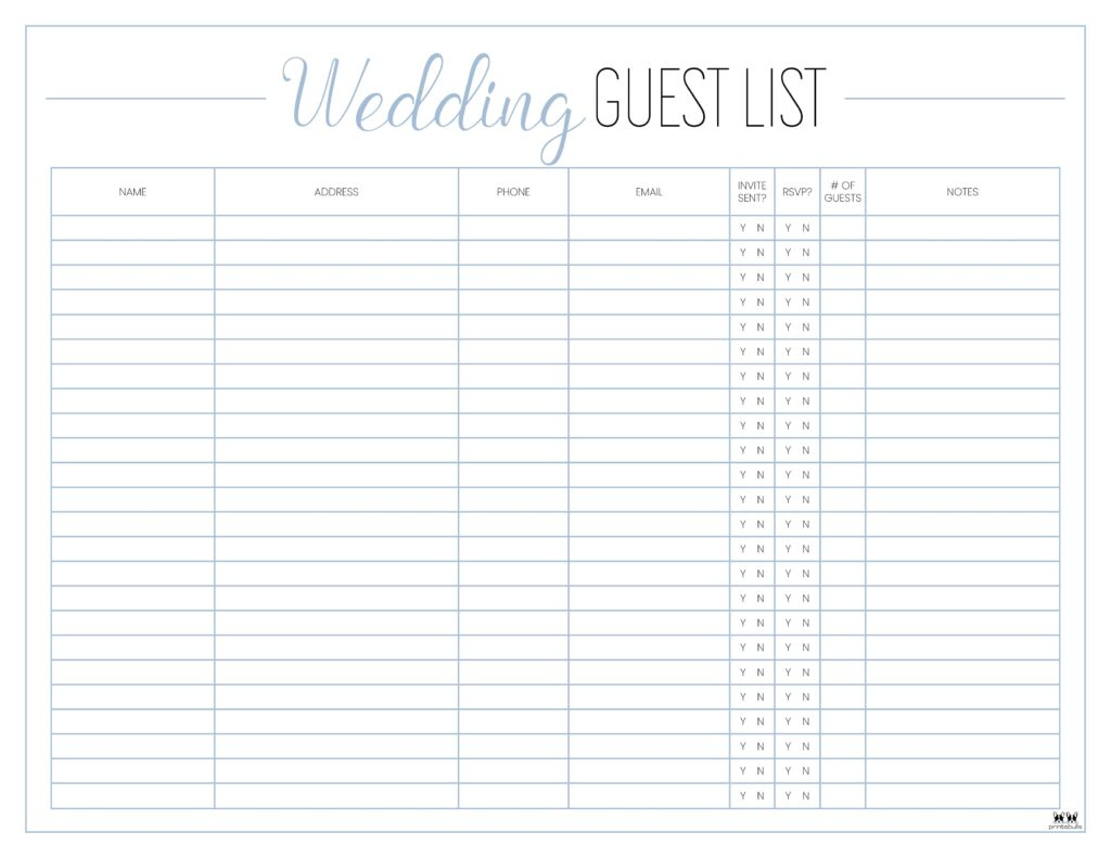 Wedding Guest List Templates - 20 Free Lists | Printabulls | Printable Wedding Guest List Worksheet