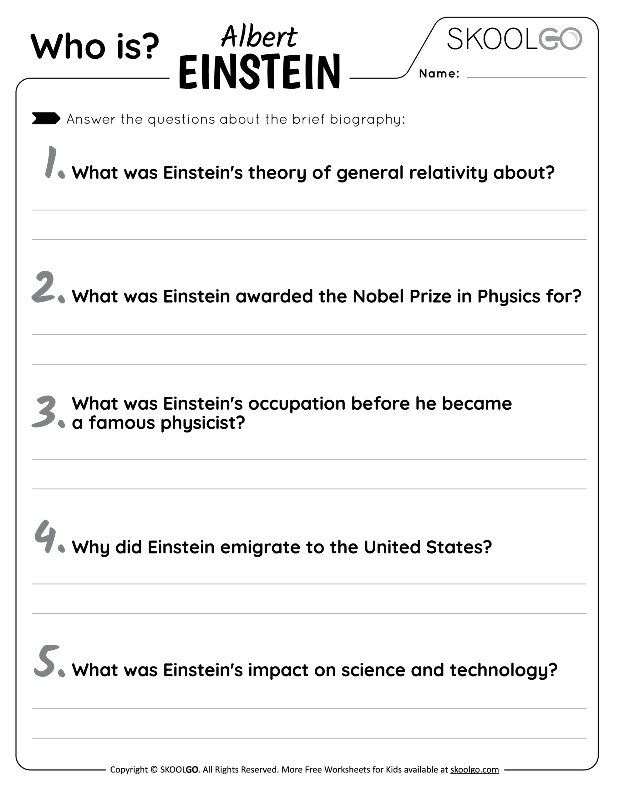 Who Is Albert Einstein? - Free Worksheet For Kids - Skoolgo | Albert Einstein Printable Worksheets