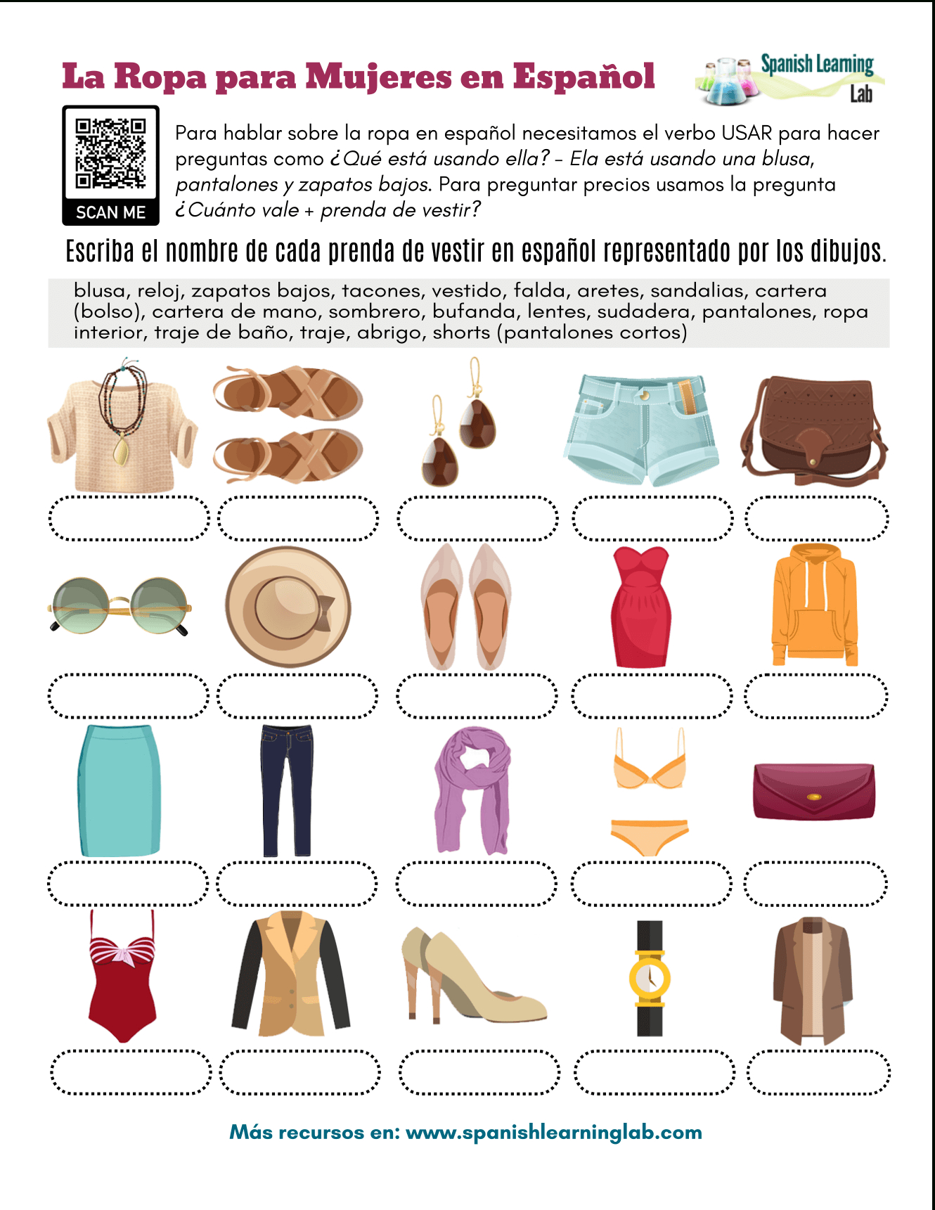 Women&amp;#039;S Clothes In Spanish - Pdf Worksheet - Spanish Learning Lab | Spanish Clothing Worksheet Printables