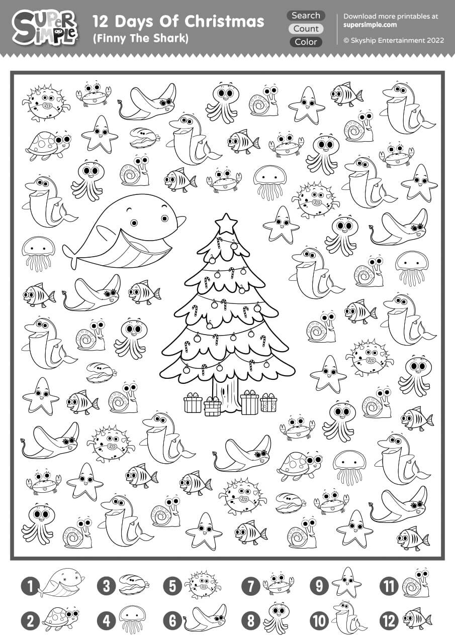 12 days of christmas finny the shark search count color 12 days of christmas worksheets 12 Days Of Christmas (Finny The Shark) - Search, Count, & Color | 12 Days Of Christmas Worksheets