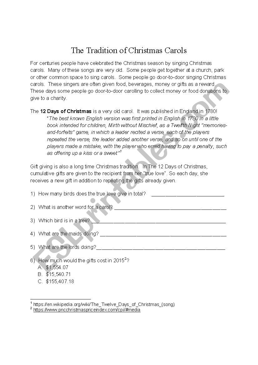 12 Days Of Christmas (History And Worksheet) - Esl Worksheet | 12 Days of Christmas Cost Worksheets