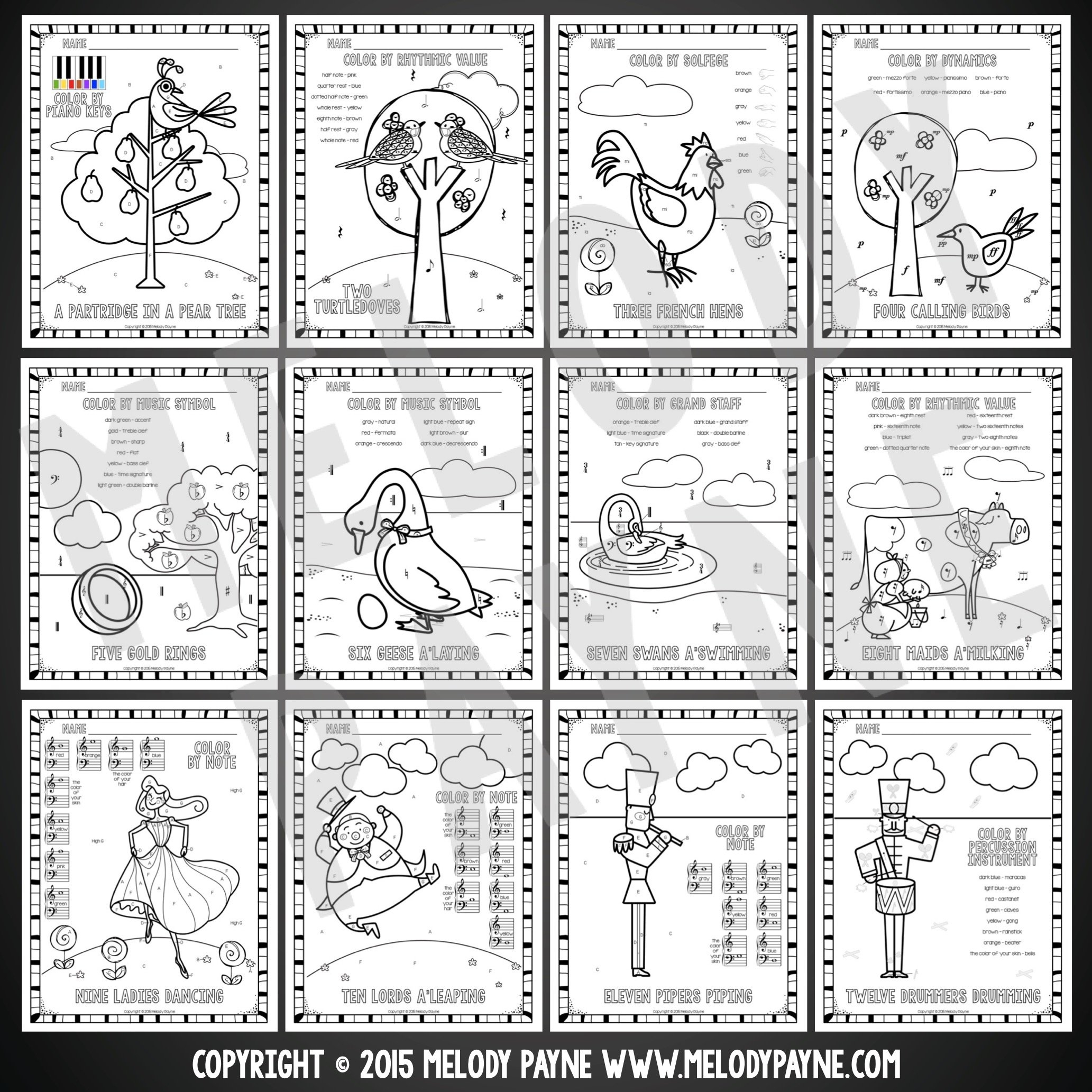 12 Days Of Christmas Music Coloring Pages - Notes, Rhythms | Cost of the 12 Days of Christmas Worksheets