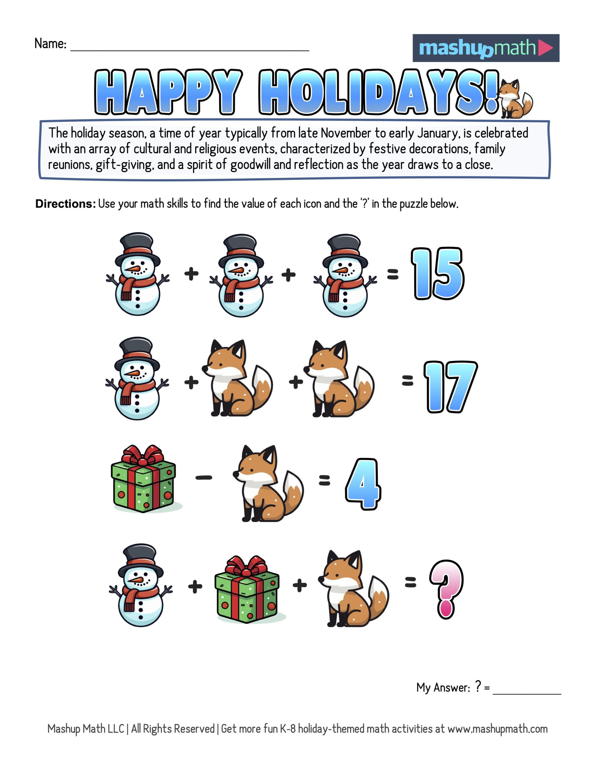 12 Days Of Holiday Math Puzzles—Printable K-8 Worksheets — Mashup | 12 Days of Christmas Math Worksheets Answers