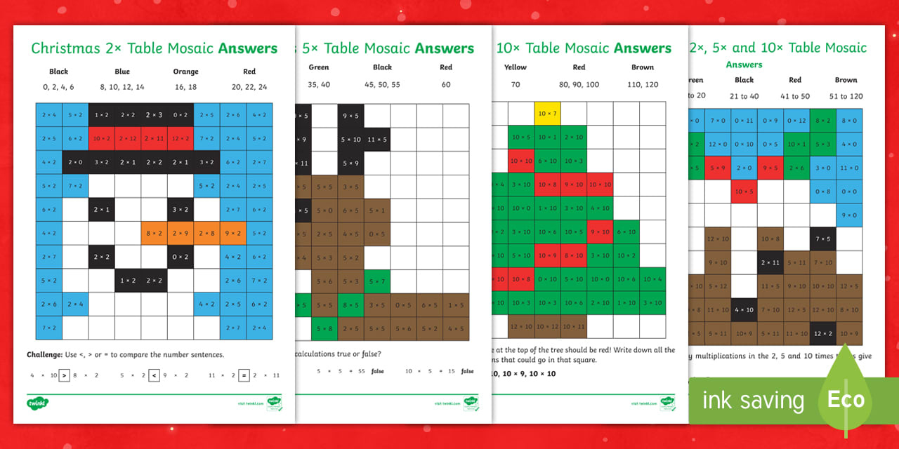 2, 5 And 10 Multiplication Facts Christmas Maths Mosaic Worksheets | Christmas Maths Mosaic Worksheets