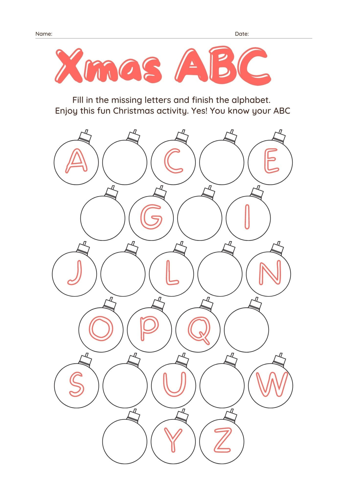 4 Page Christmas Abc Worksheet, Holiday Party Game, Christmas | Christmas Missing Letter Worksheets