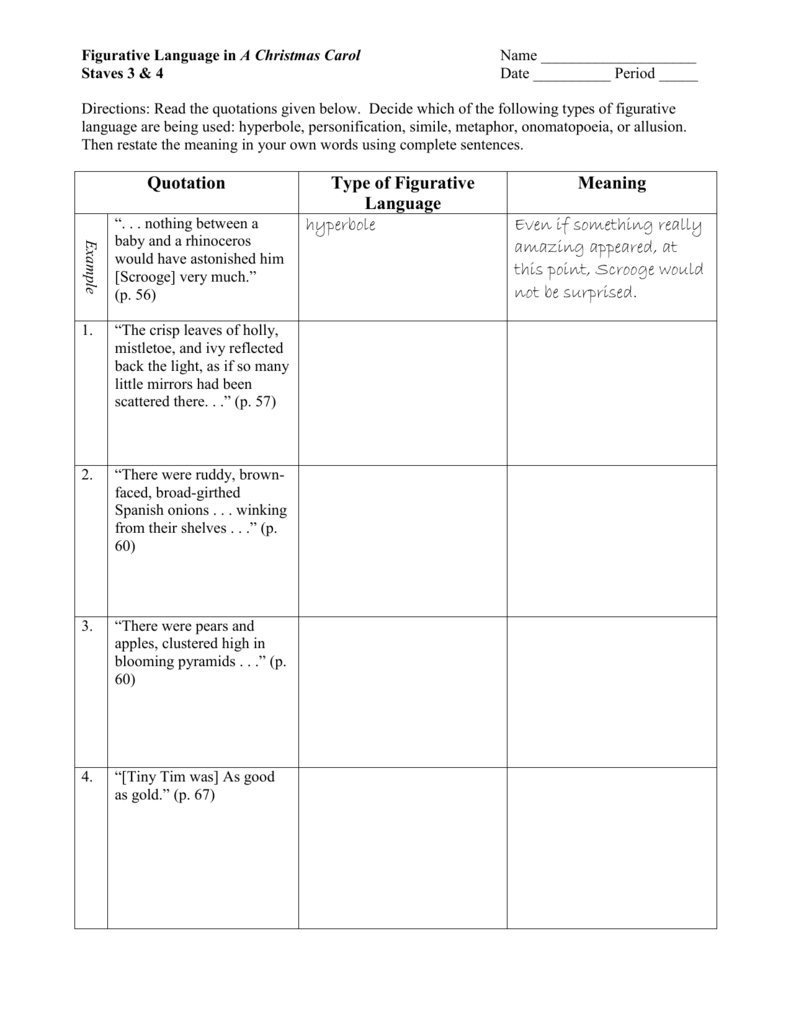 A Christmas Carol: Figurative Language Worksheet | A Christmas Carol Figurative Language Worksheets Answers