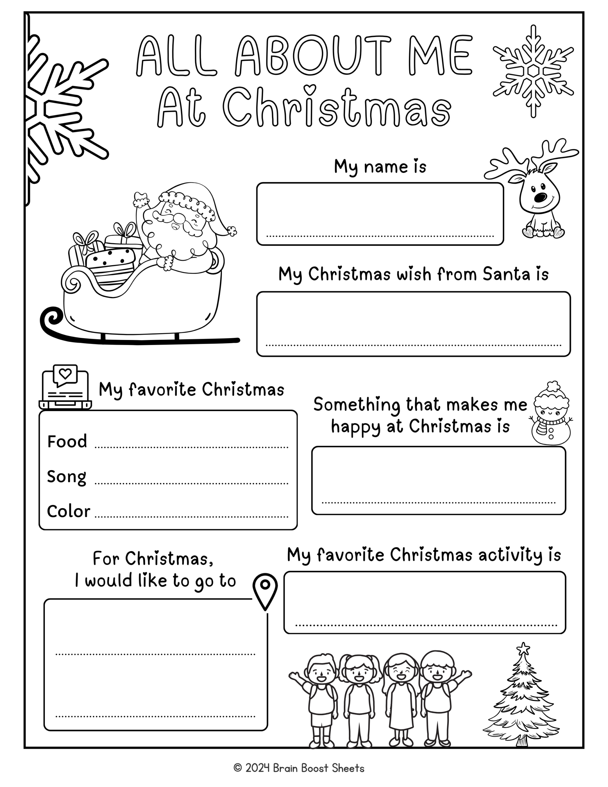 All About Me At Christmas Worksheets (Black &amp;amp; White)Brain | All About Me Christmas Worksheets