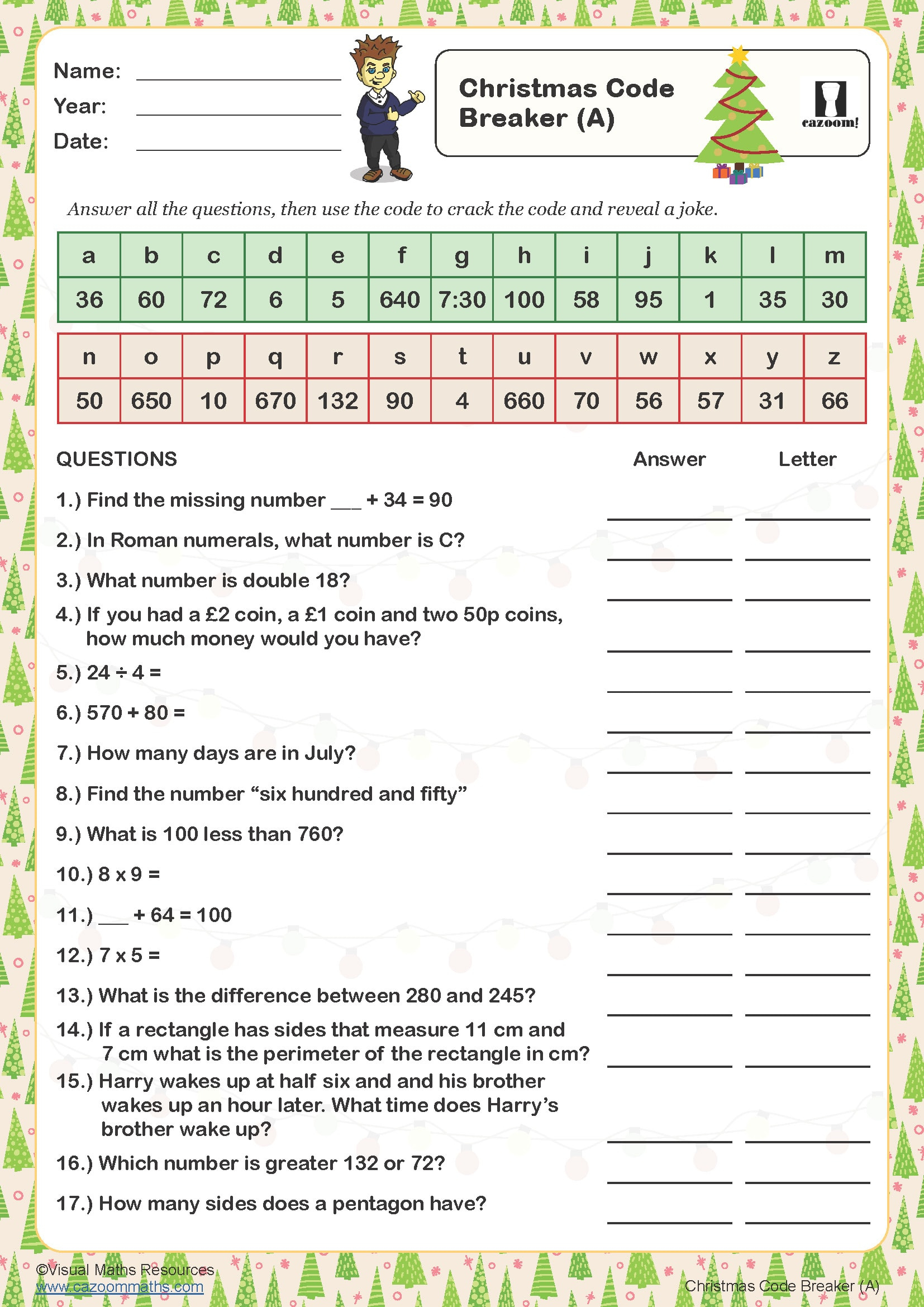 Christmas Code Breaker (A) Worksheet | Cazoom Maths Worksheets | Christmas Code Breaker Worksheets