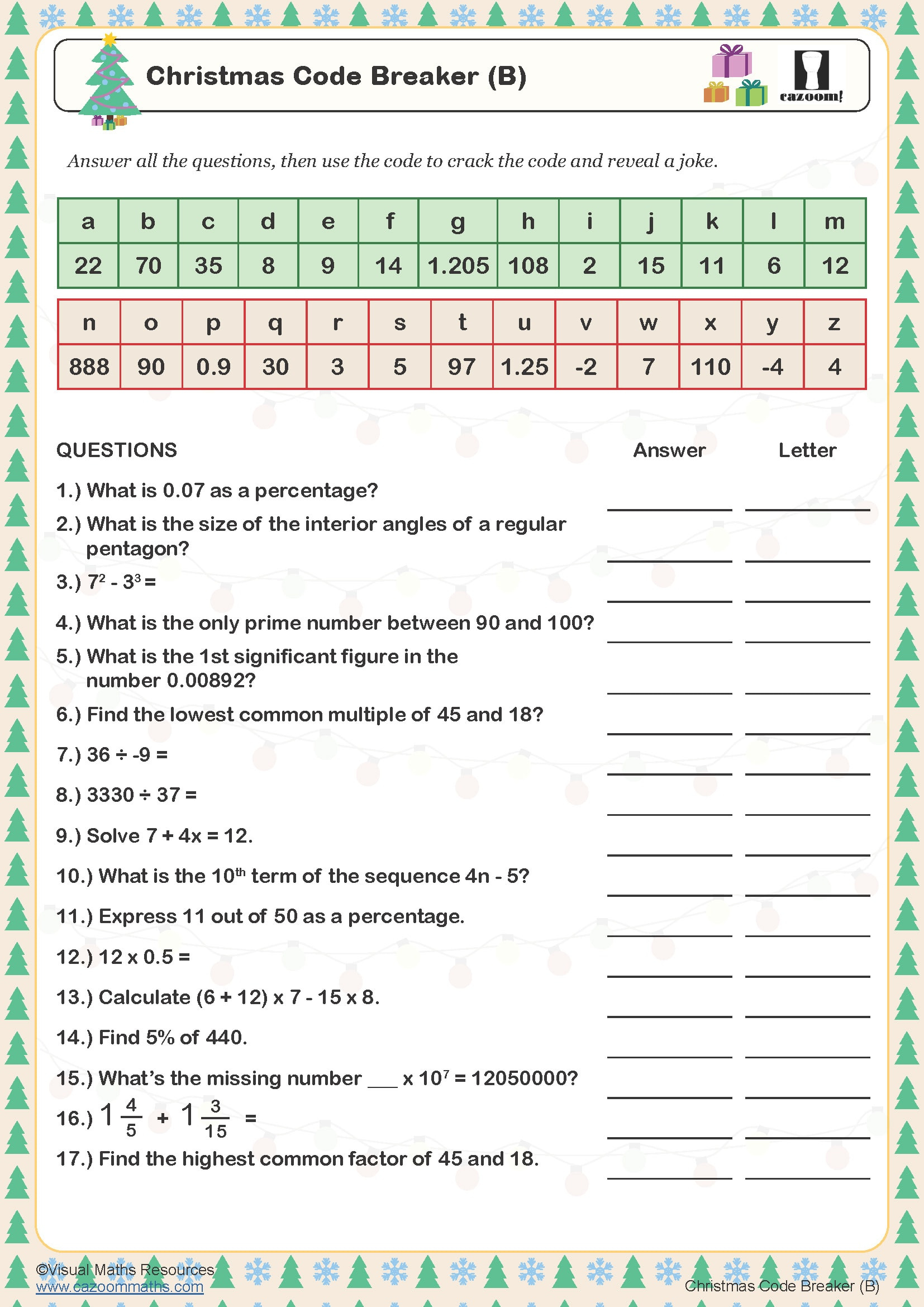 Christmas Code Breaker (B) Worksheet | Cazoom Maths Worksheets | Christmas Maths Year 6 Worksheets