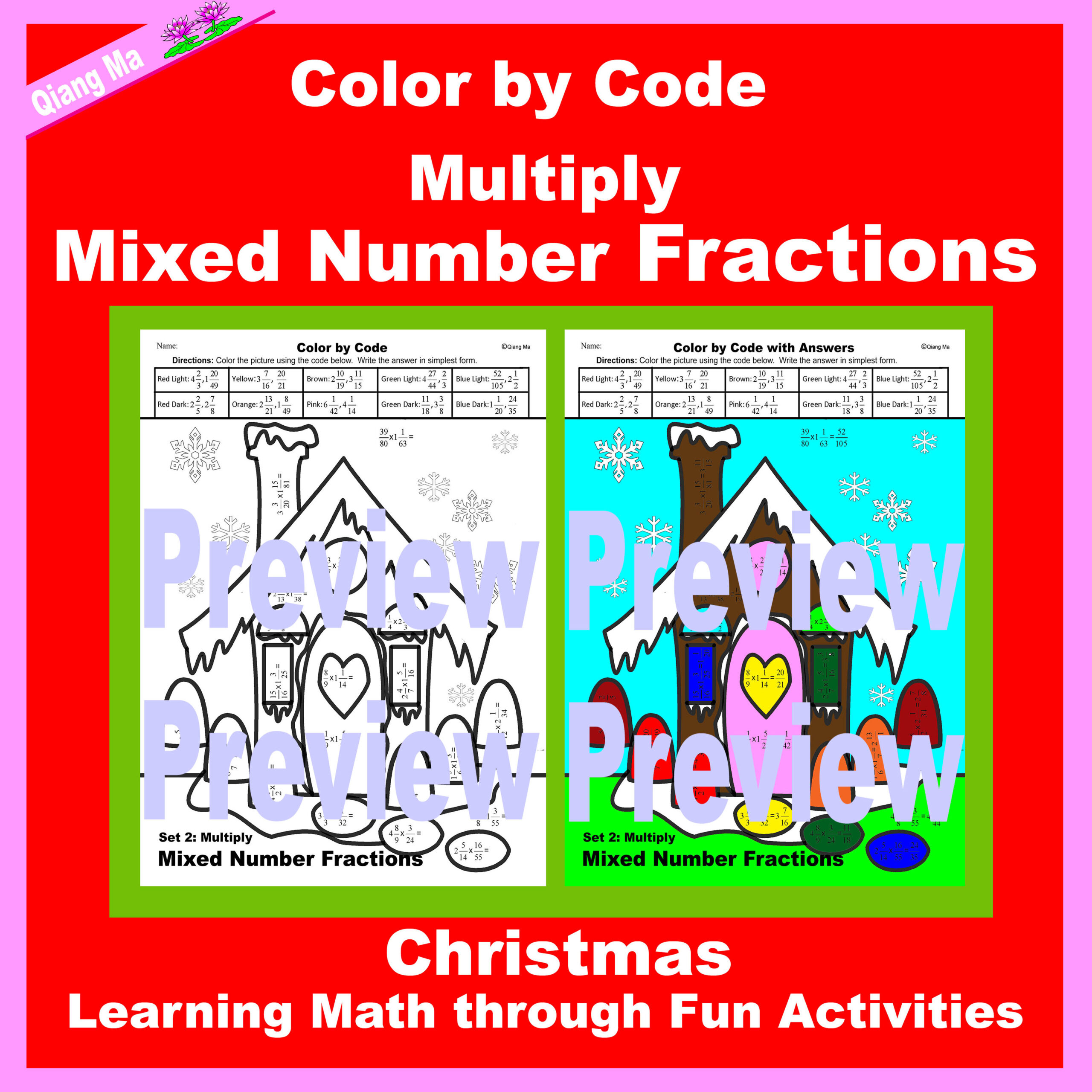 Christmas Colorcode: Multiply Mixed Number Fractions | Made | Multiplying Fractions Christmas Worksheets