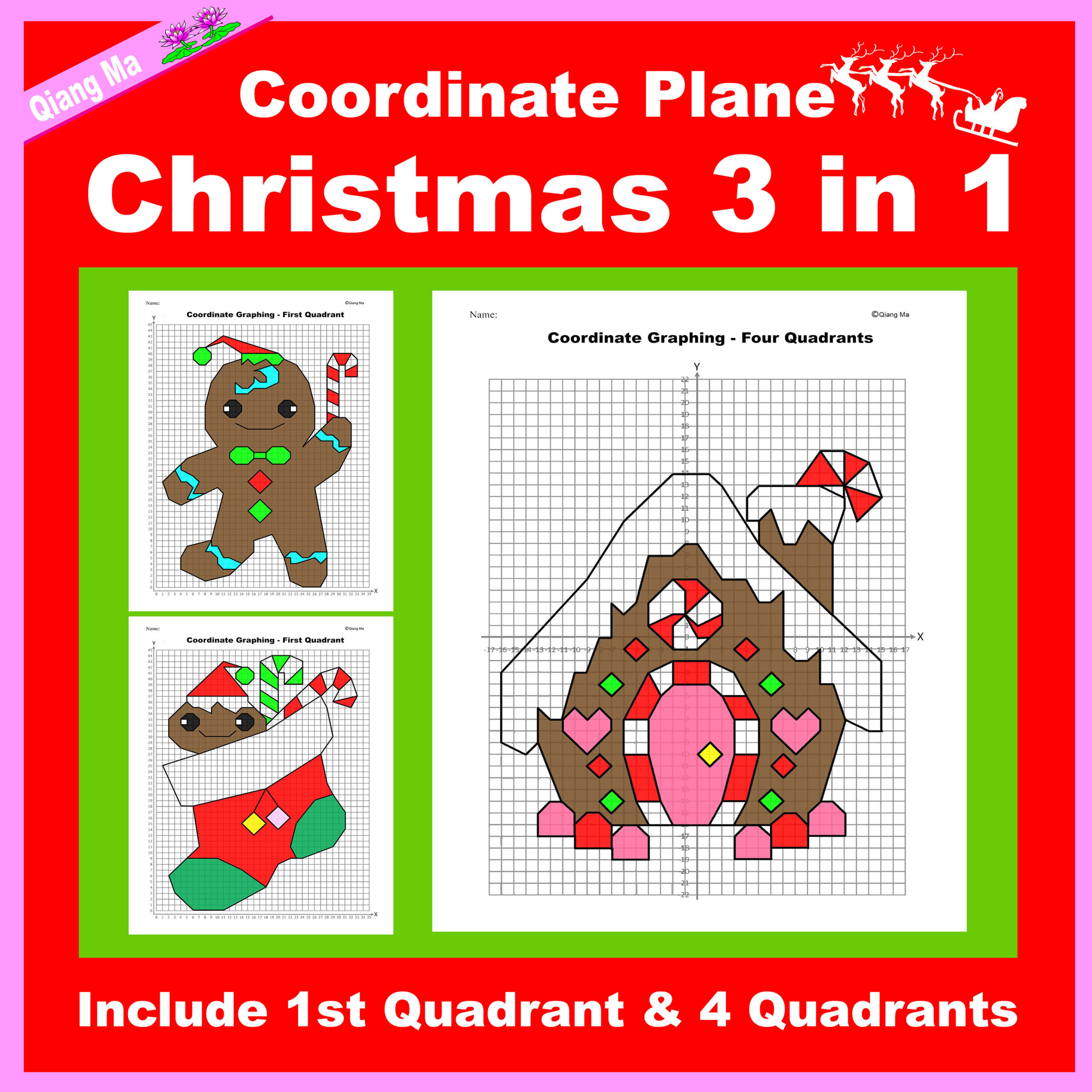 Christmas Coordinate Plane Graphing Picture- Christmas Bundle 3 In | Coordinate Plane Worksheets Christmas