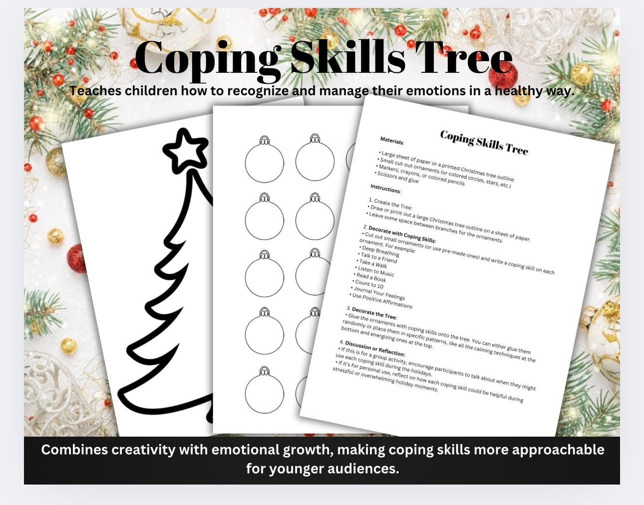 Christmas Coping Skills Tree Activity: Mental Health Worksheet | Coping Skills Christmas Counseling Worksheets