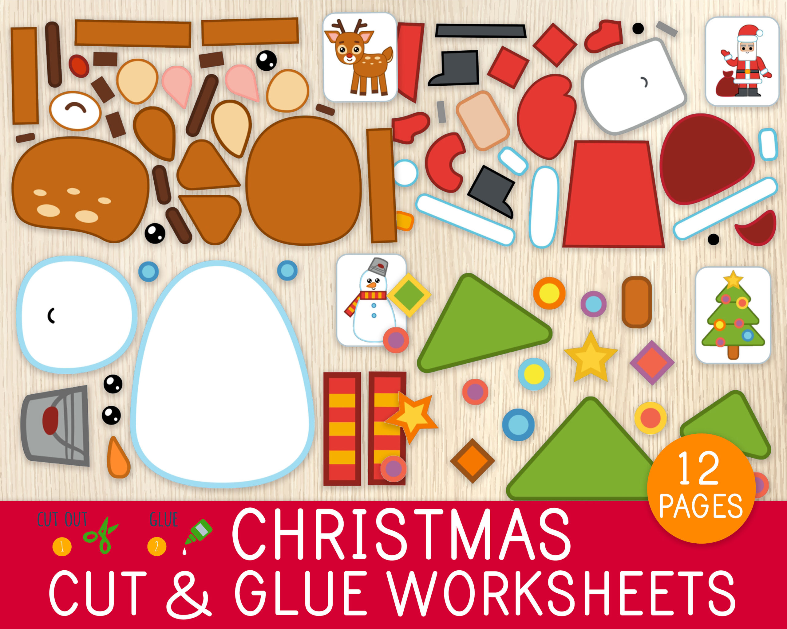 Christmas Cut &amp;amp; Glue Worksheets, 12 Activity Pages, Cut And Paste | Christmas Cut And Glue Worksheets