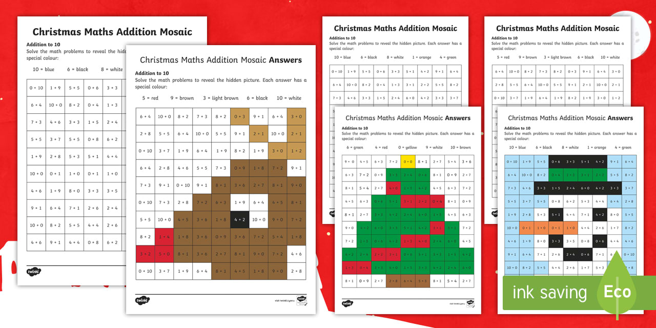 Christmas Foundation Phase Addition To 10 Worksheet - Christmas | Christmas Maths Mosaic Worksheets