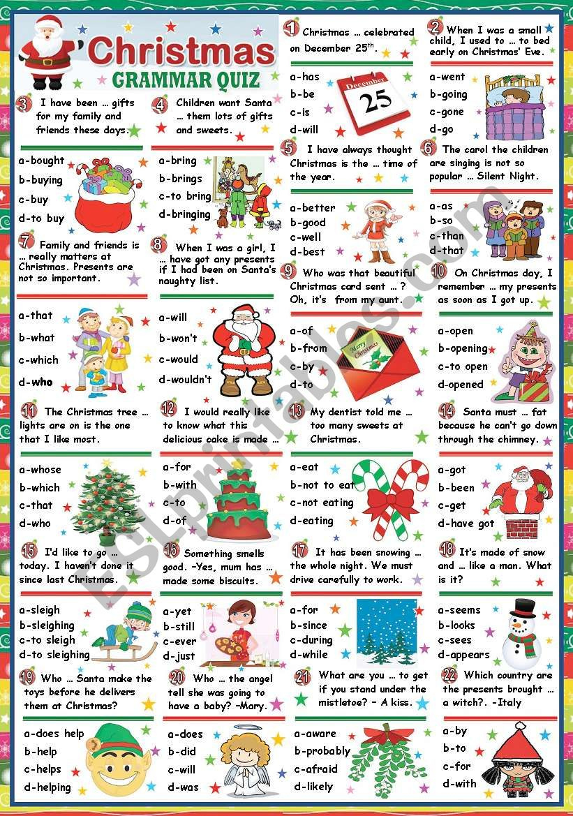 Christmas Grammar Quiz (Key Included) - Esl Worksheetkatiana | Christmas Grammar Worksheets