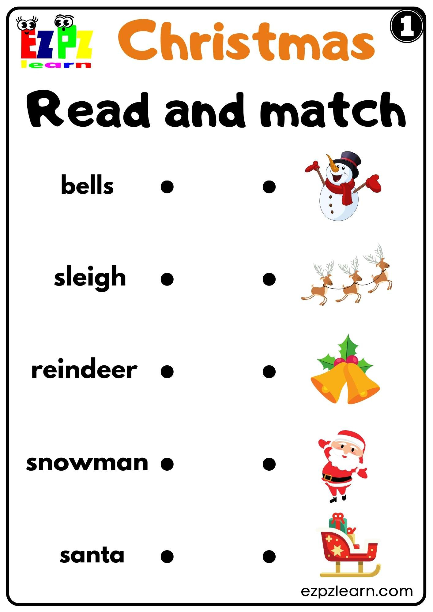 Christmas Holiday Read And Match Set 1 For Kids K5 And Esl Free | K5 Learning Christmas Worksheets