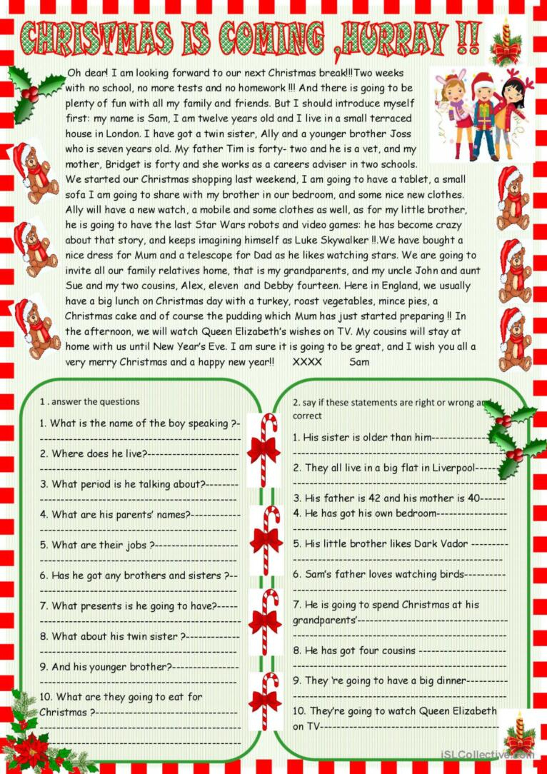 Christmas Is Coming : Christmas Re…: English Esl Worksheets Pdf &amp;amp; Doc | Christmas Day Reading Comprehension Worksheets