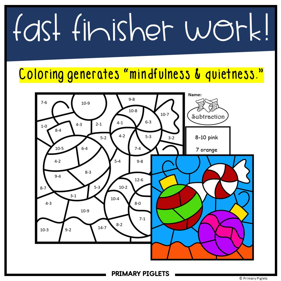 Christmas Math Coloring Pages - Subtraction Facts Mixed Color | Christmas Subtraction Coloring Worksheets