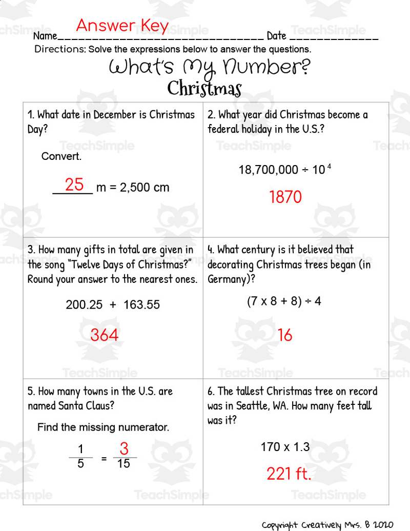 Christmas Math Trivia Worksheet | 12 Days of Christmas Math Worksheets Answers