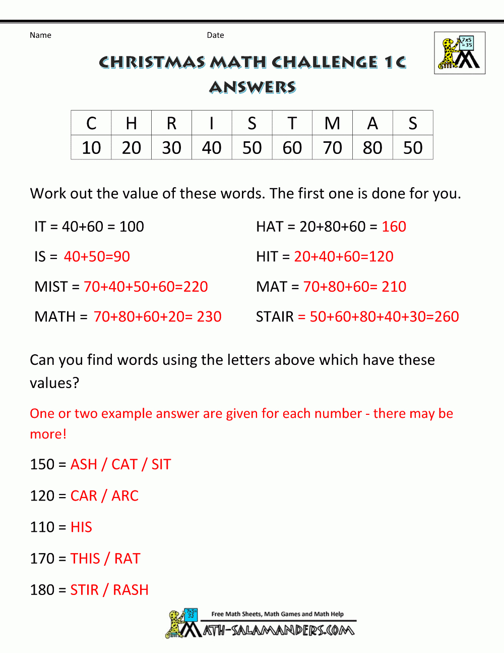 Christmas Math Worksheets (Harder) | Christmas Values Worksheets Answers