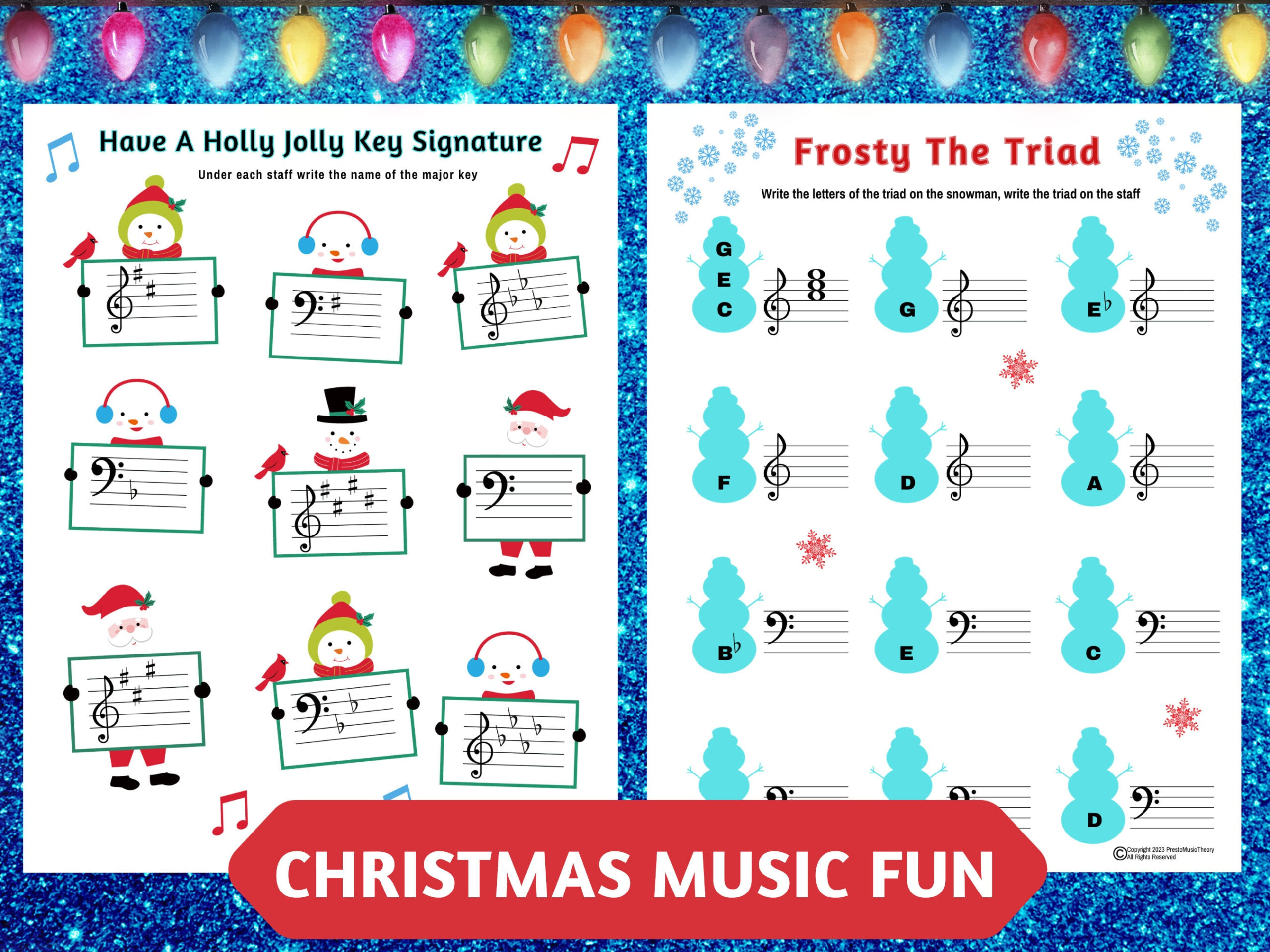Christmas Piano Fun! Frosty The Triad &amp;amp; Holly Jolly Key Signatures | Christmas Piano Theory Worksheets