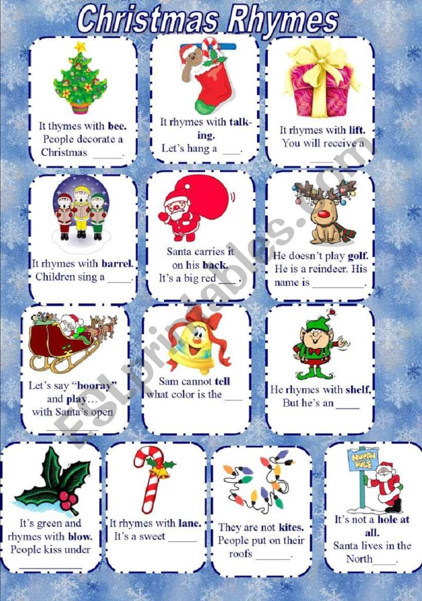 Christmas Rhymes - Esl Worksheetelfelena | Christmas Rhyming Words Worksheets