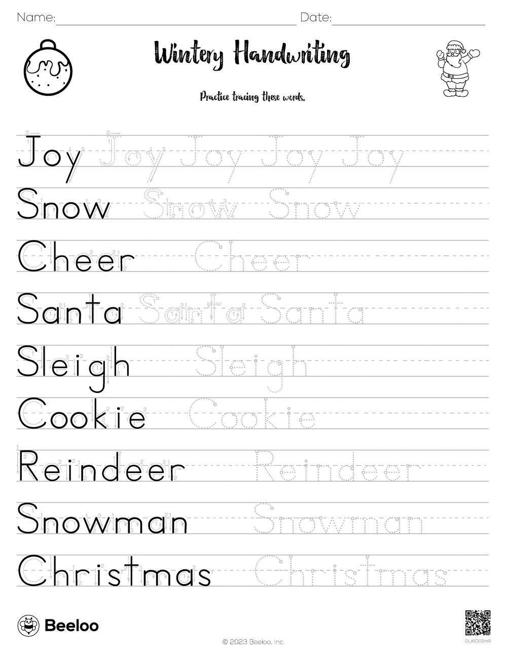 Christmas-Themed Word Tracing Worksheets • Beeloo Printable Crafts | Christmas Handwriting Practice Worksheets