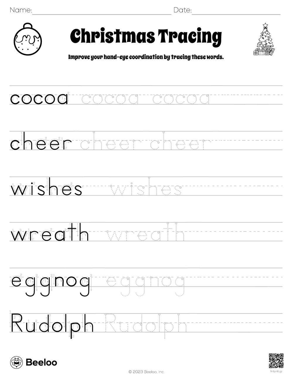 Christmas-Themed Word Tracing Worksheets • Beeloo Printable Crafts | Christmas Words Tracing Worksheets