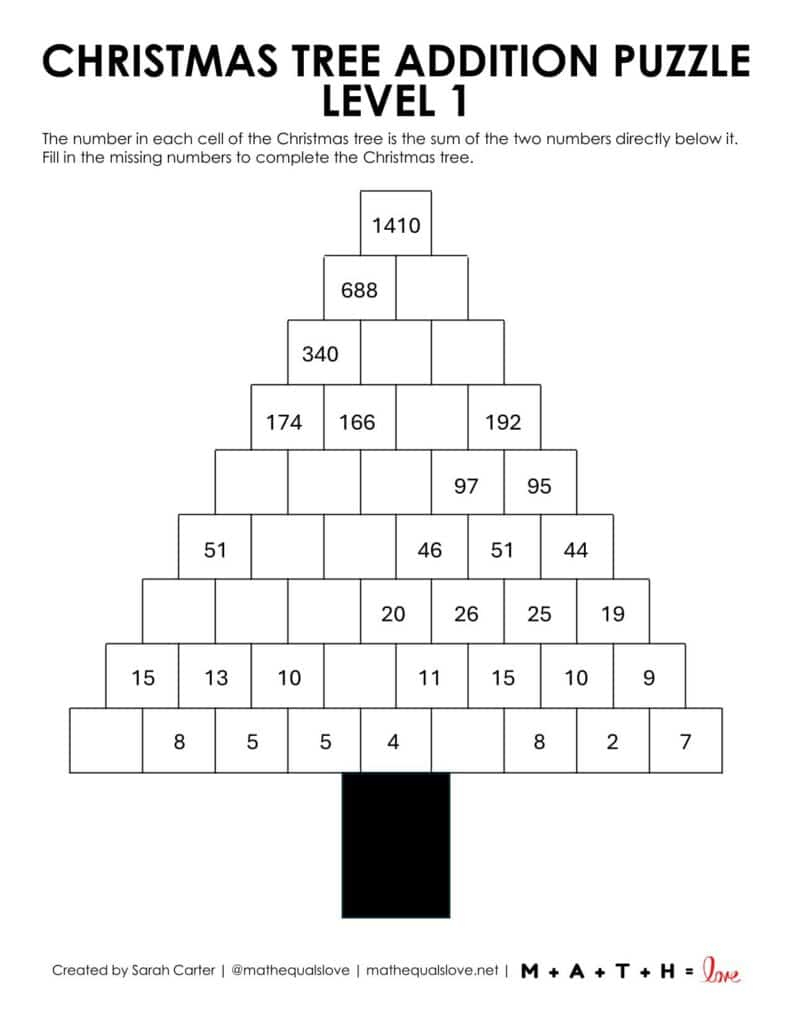 Christmas Tree Addition Puzzle Worksheets [Free Pdf] | Christmas Tree Math Worksheets