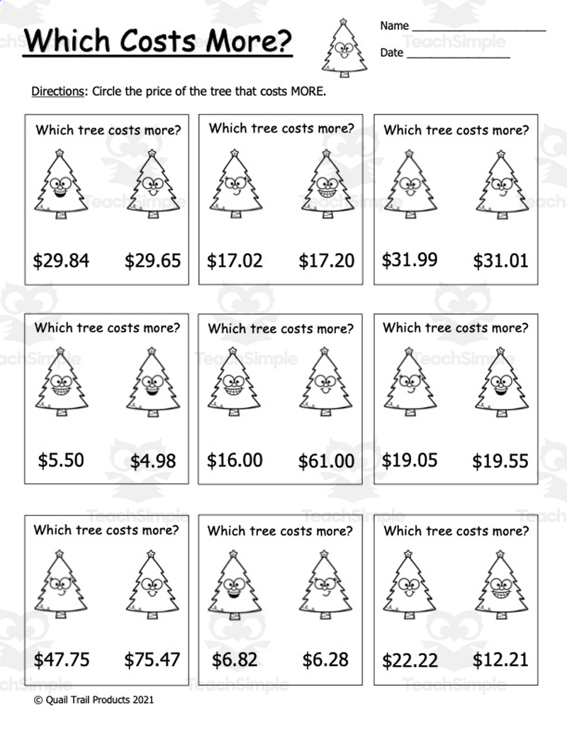 Christmas Tree Money Worksheets | Christmas Money Math Worksheets