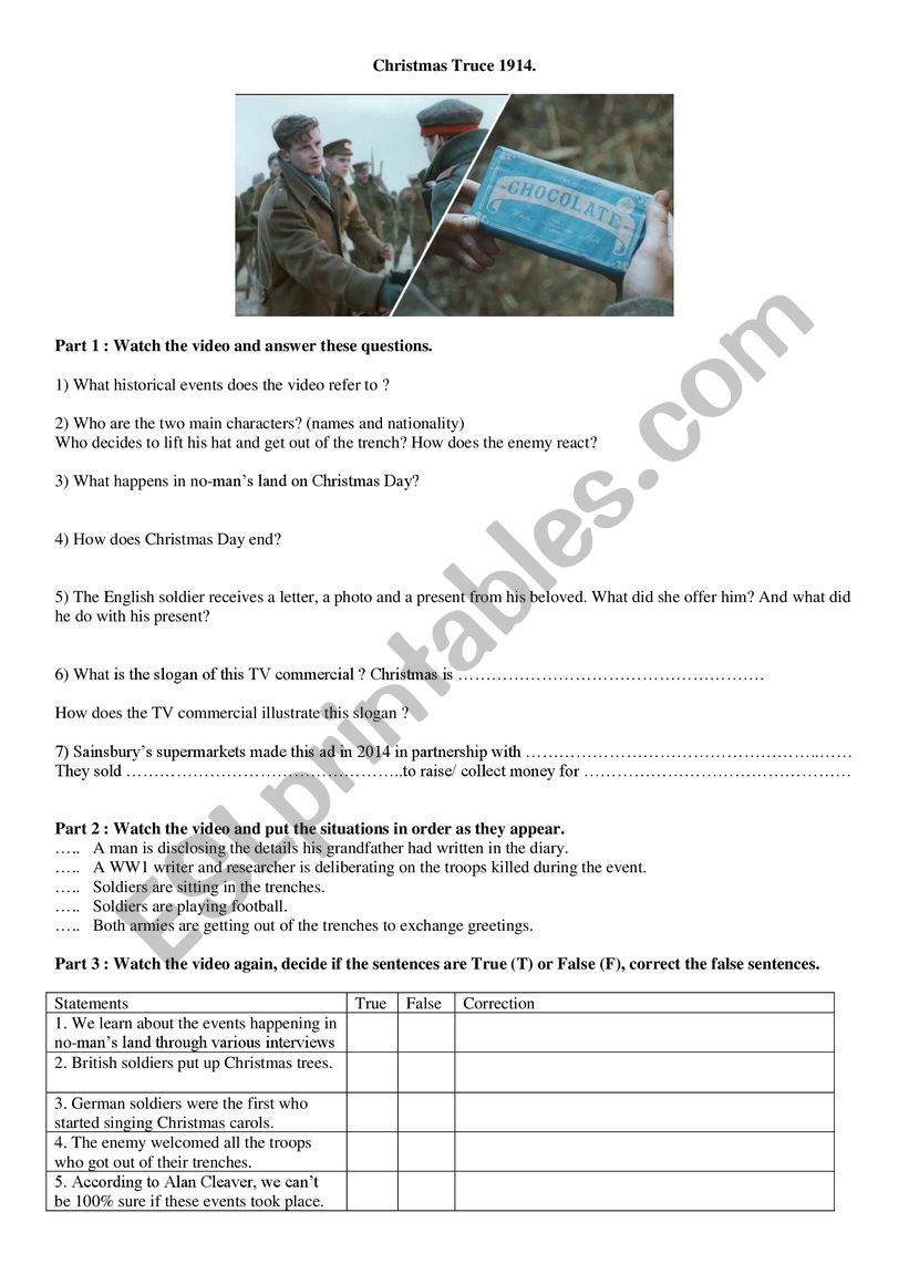 Christmas Truce 1914 - Esl Worksheetvirbrunet | Christmas Truce 1914 Worksheets