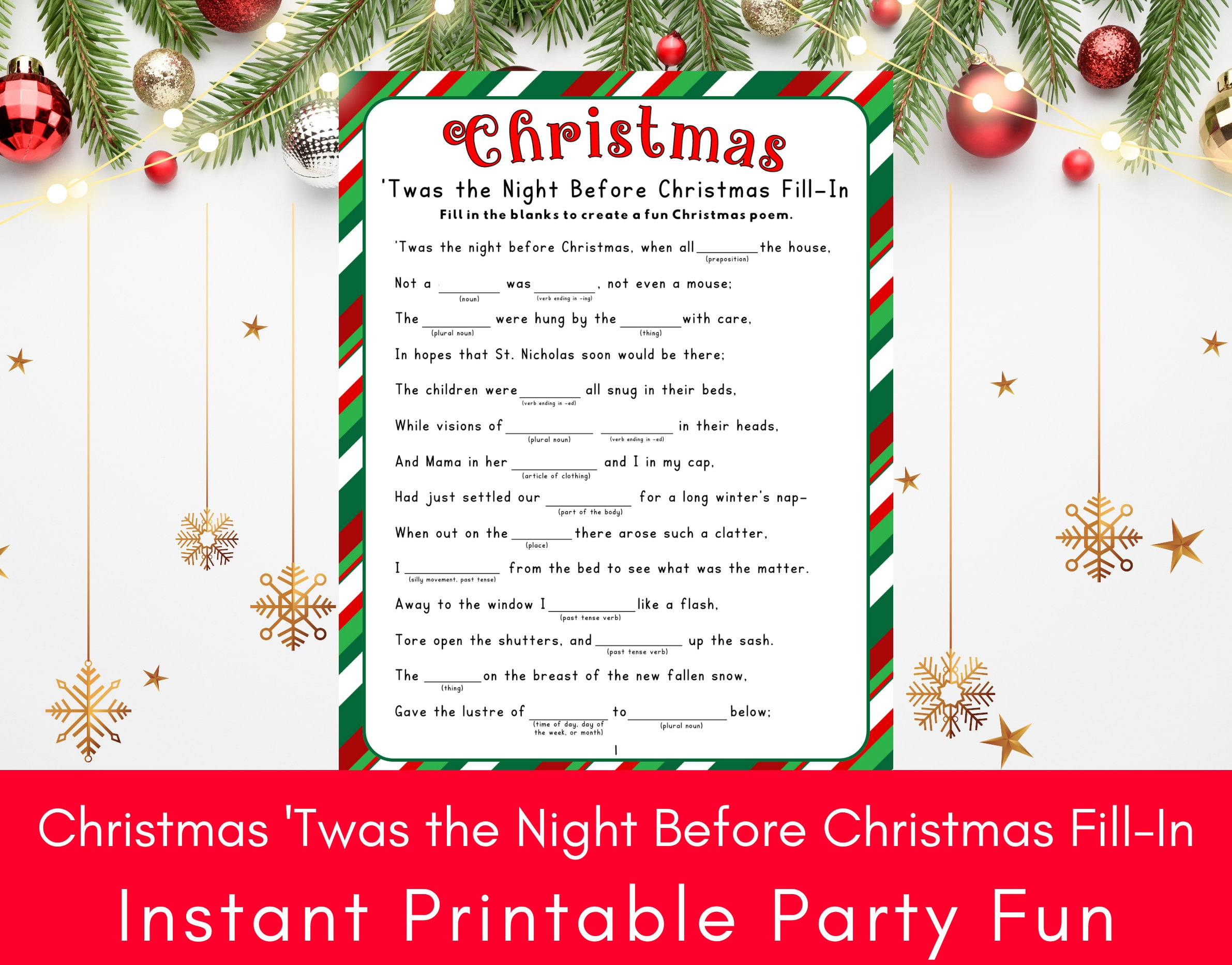 Christmas &amp;#039;Twas The Night Before Christmas Fill-In, Printable Holiday Funny  Word Game, Christmas Word Games | Twas the Night Before Christmas Worksheets