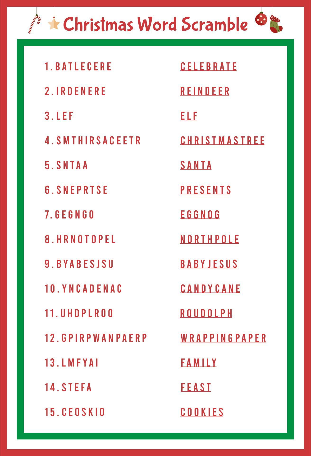 Christmas Word Scramble - 14 Free Pdf Printables | Printablee | Scrambled Christmas Worksheets Answers