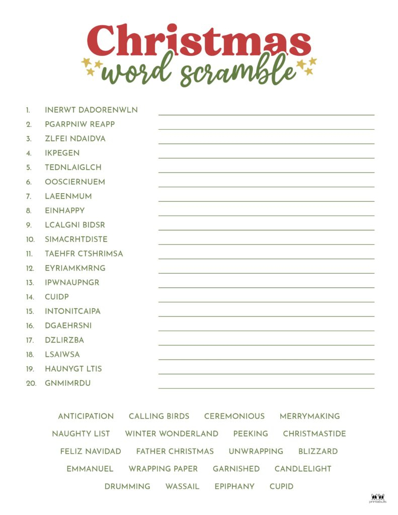 Christmas Word Scrambles - 15 Free Printables | Printabulls | Christmas Unscramble Worksheets For Adults