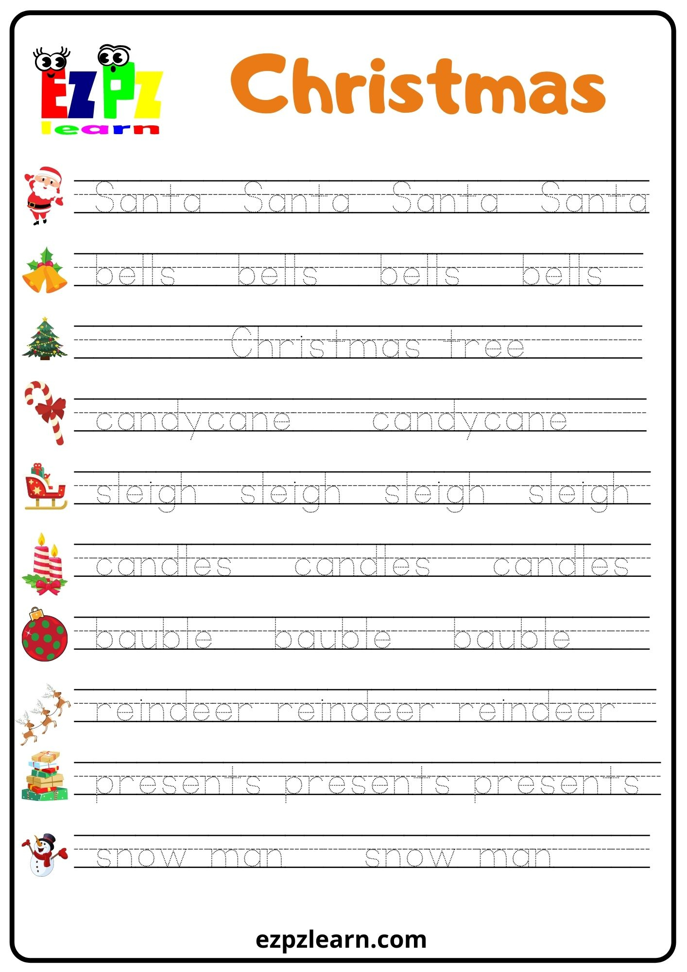 Christmas Word Tracing Worksheet - Ezpzlearn | Christmas Tracing Worksheets