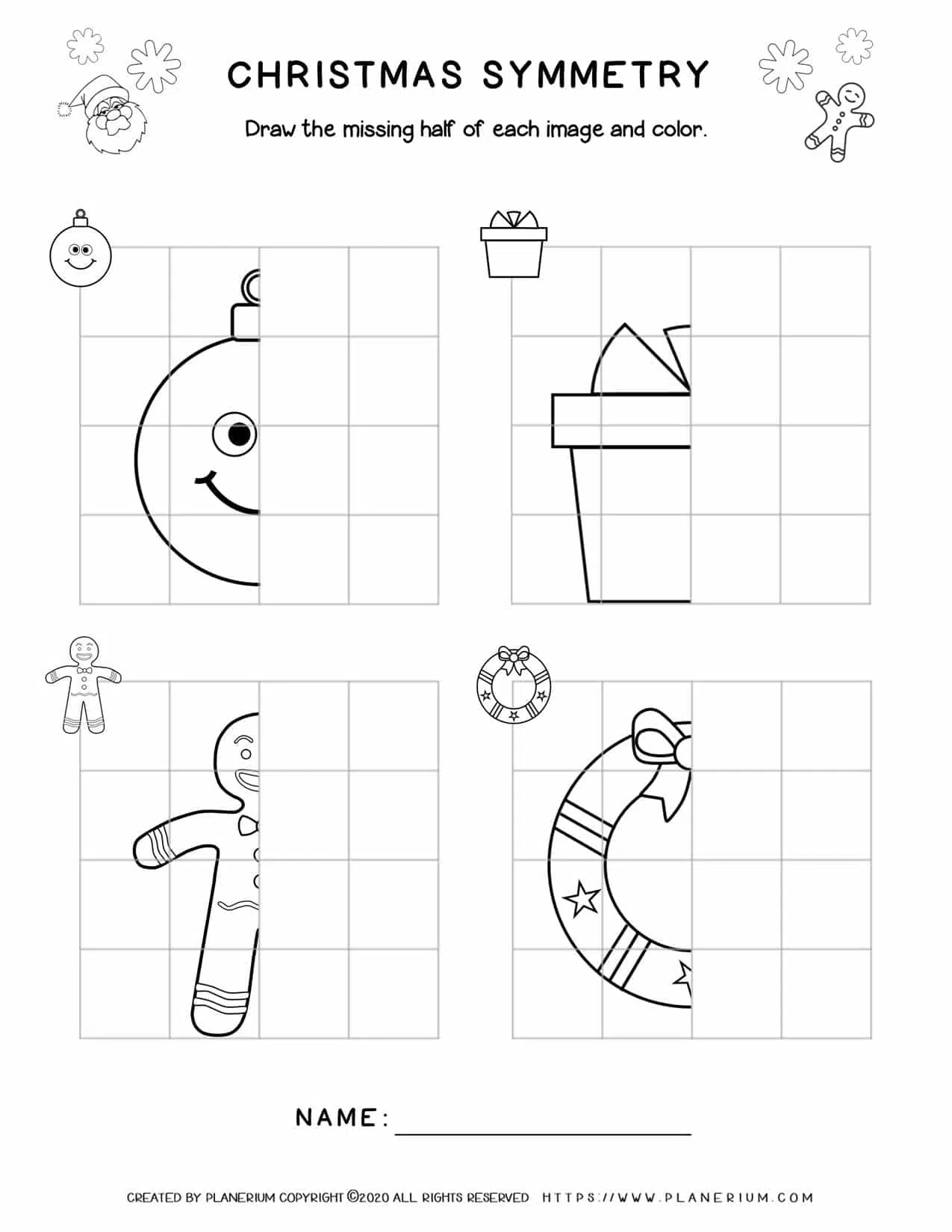 Christmas Worksheet - Symmetry Drawing | Planerium - Worksheets | Free Christmas Symmetry Worksheets