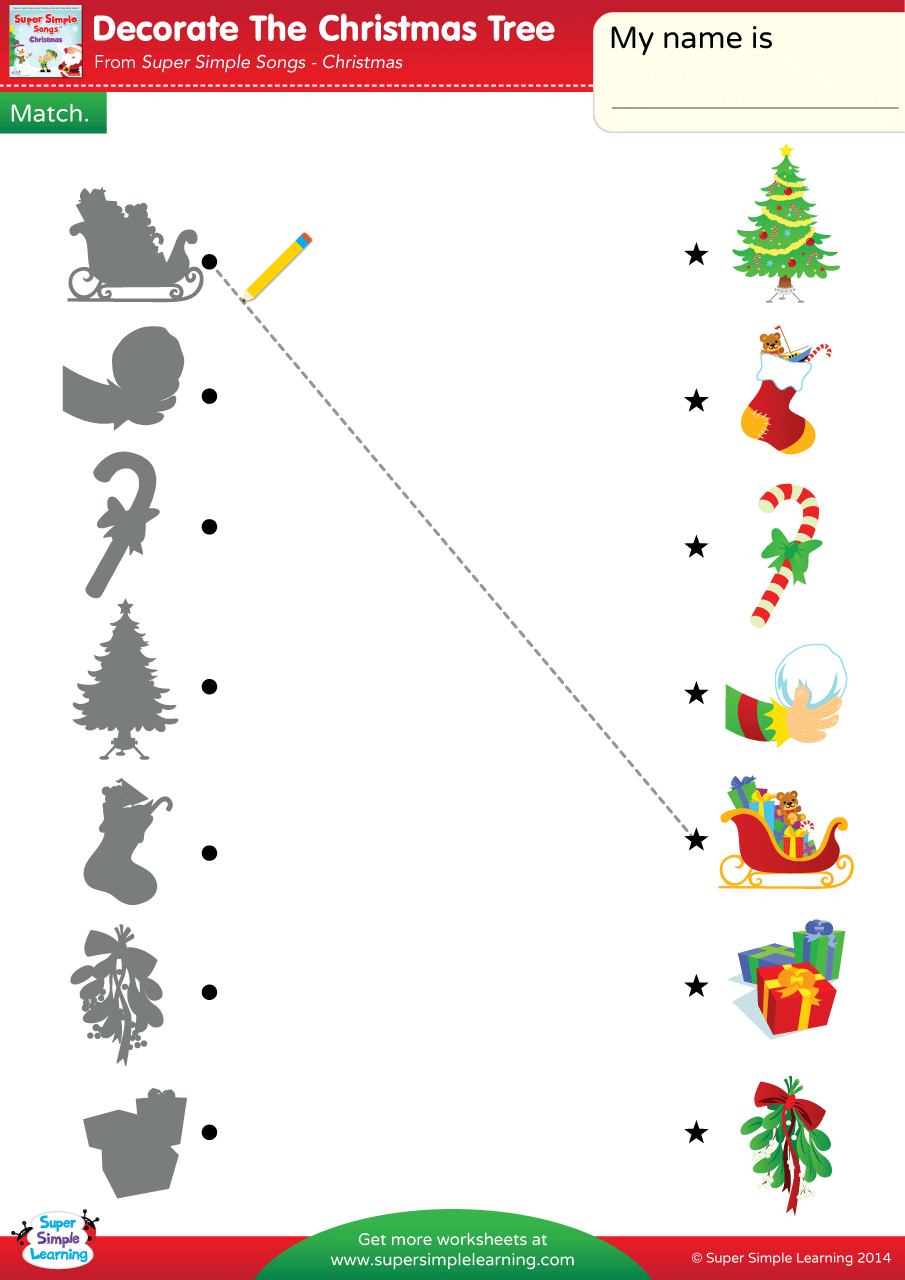 Decorate The Christmas Tree Worksheet - Match - Super Simple | Free Printable Christmas Matching Worksheets