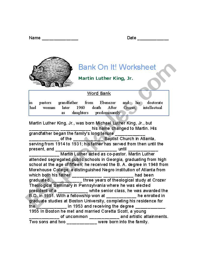 English Worksheets: Mlk Bank On It! | Bank On It Worksheets Christmas Answers