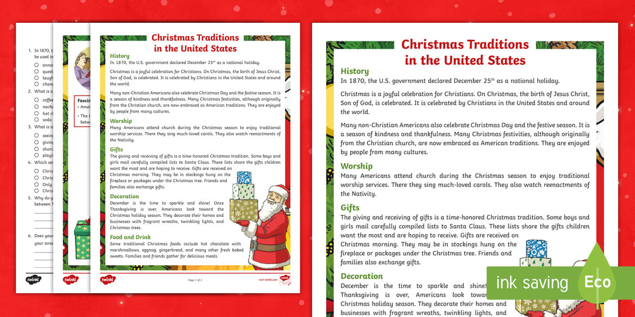 Fourth Grade Christmas Traditions In The United States Reading | Christmas In The Usa Worksheets