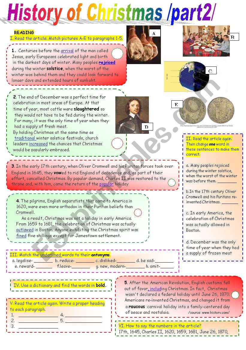History Of Christmas /Part2/ With Key -Coloured+ Black&amp;amp;White - Esl | History of Christmas Carols Worksheets