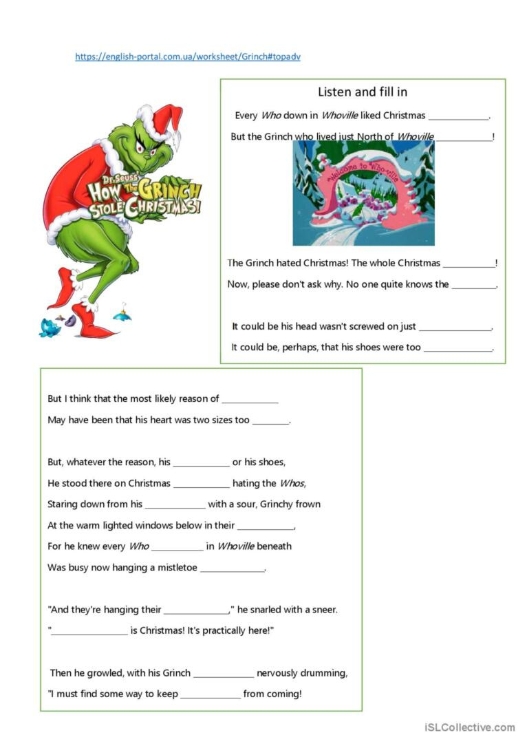 How The Grinch Stole Christmas Liste…: English Esl Worksheets Pdf | The Grinch Who Stole Christmas Worksheets