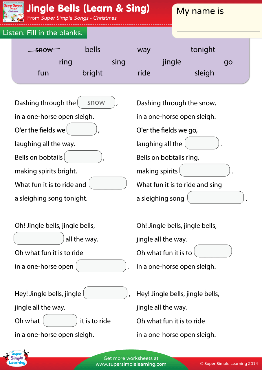 Jingle Bells Worksheet - Fill In The Blanks - Super Simple | Christmas Fill in the Blank Worksheets