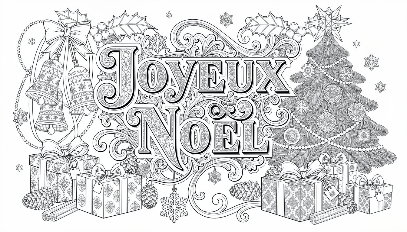 Joyeux Noël Christmas Coloring Page - Intricate Adult Design | French Christmas Colouring Worksheets