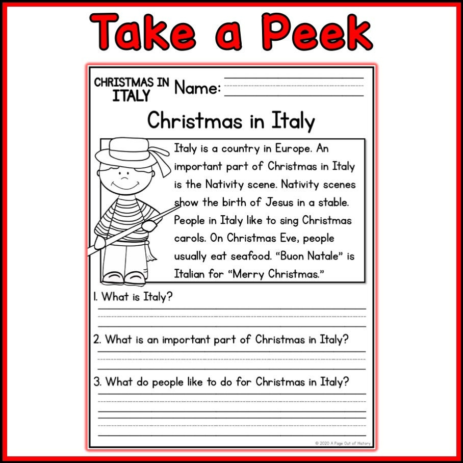K-2 Reading Comprehension Passages, Christmas In Italy Worksheets | 2nd Grade Christmas Reading Comprehension Worksheets