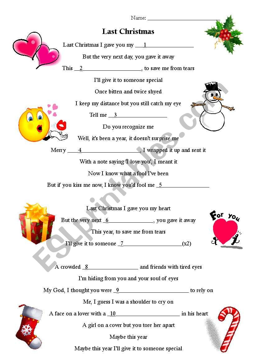Last Christmas Fill In The Blanks - Esl Worksheetsuterja | Christmas Fill In The Blank Worksheets