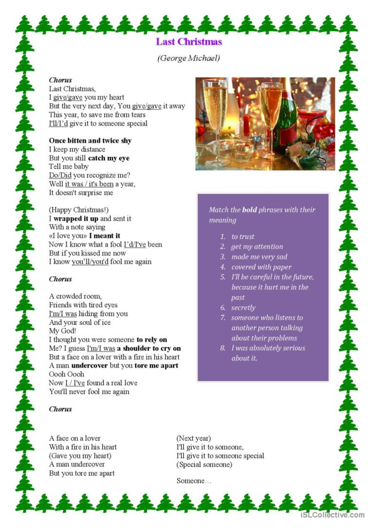 Last Christmas - Song Worksheet Son…: English Esl Worksheets Pdf &amp;amp; Doc | Christmas Song Worksheets with Pictures