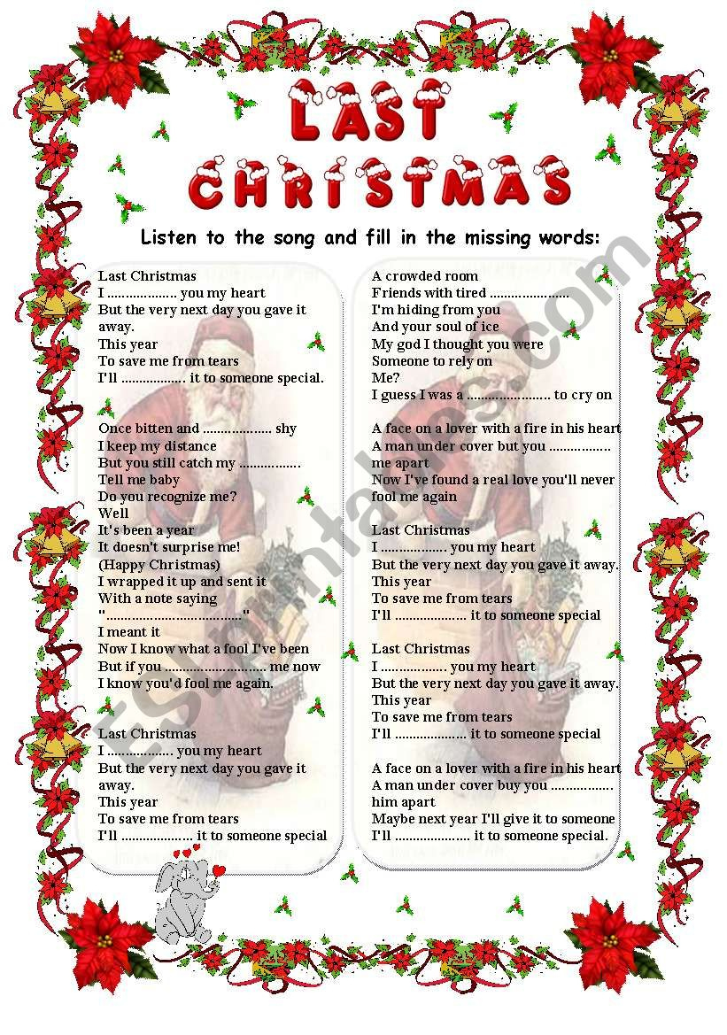 Last Christmas - Wham Song (Fill In) - Esl Worksheetgabitza | Last Christmas Song Worksheets